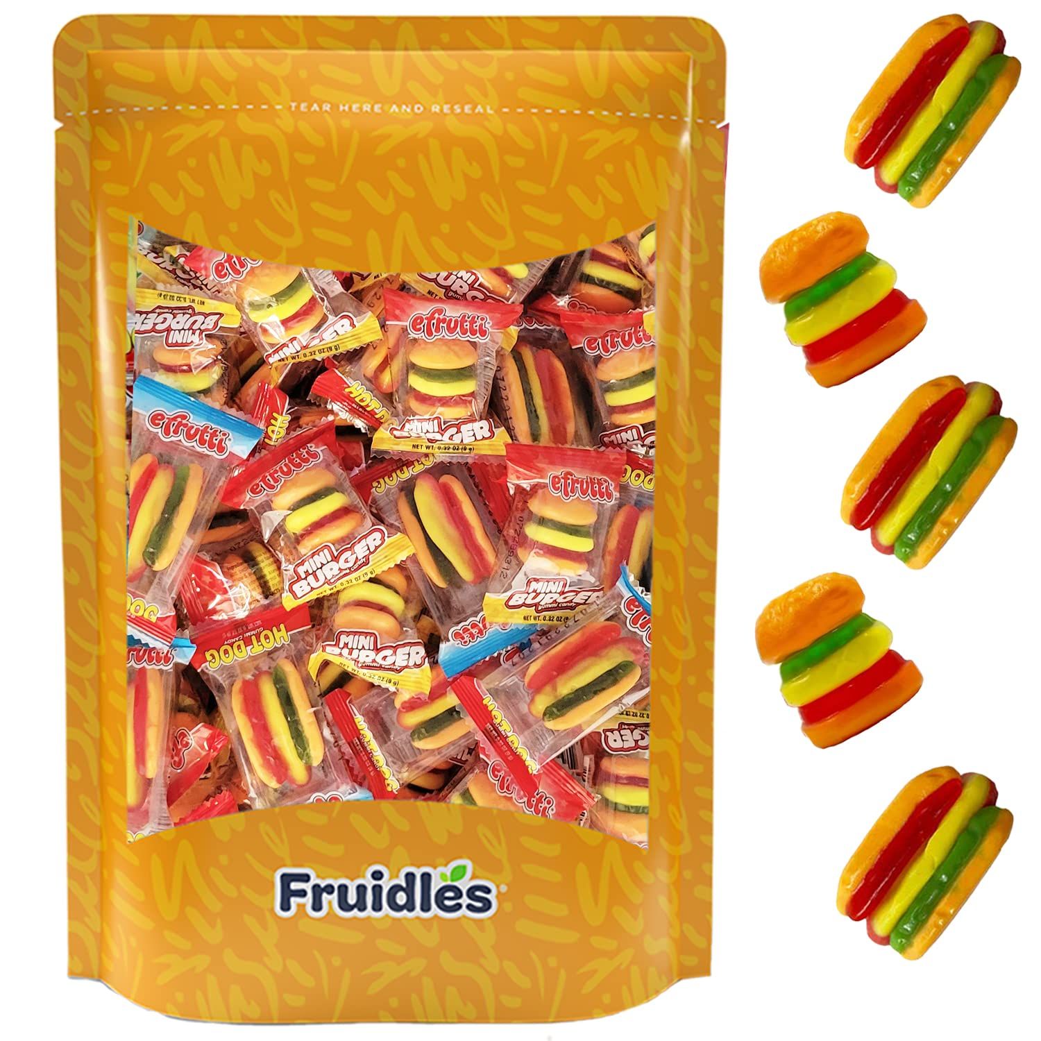 Fruidles Hot Dogs and Burgers Gummies Candy, Soft Chewy (Burgers Hot Dogs Combo, 30-Pack)
