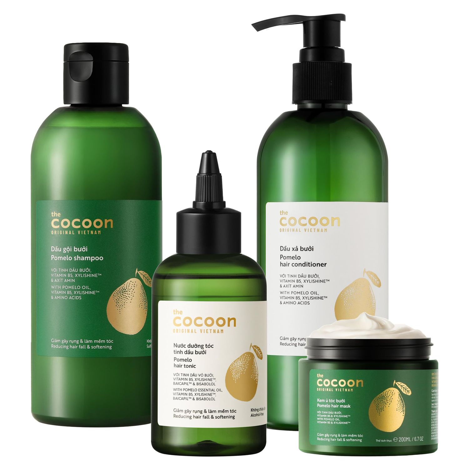 Cocoon Ultimate Hair Repair Set (SAVE 30): Pomelo Tonic 4.7 fl oz, Shampoo Conditioner 16.9 fl oz each, and Hair Mask 6.7 fl oz