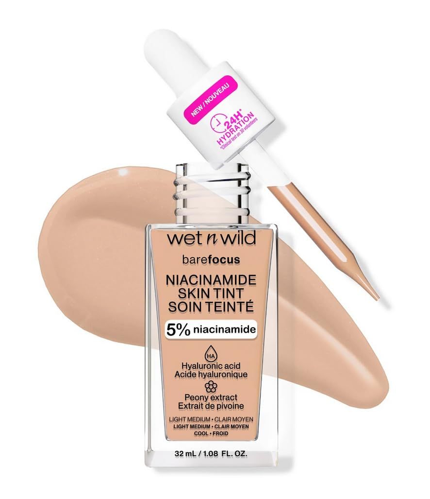 wet n wild Bare Focus Skin Tint, 5 Niacinamide Enriched, Buildable Sheer Lightweight Coverage, Natural Radiant Finish, Hyaluronic Vitamin Hydration Boost, Cruelty-Free Vegan-Light Medium Sand