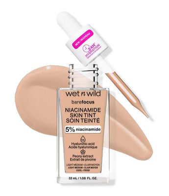 wet n wild Bare Focus Skin Tint, 5 Niacinamide Enriched, Buildable Sheer Lightweight Coverage, Natural Radiant Finish, Hyaluronic Vitamin Hydration Boost, Cruelty-Free Vegan-Light Medium Sand
