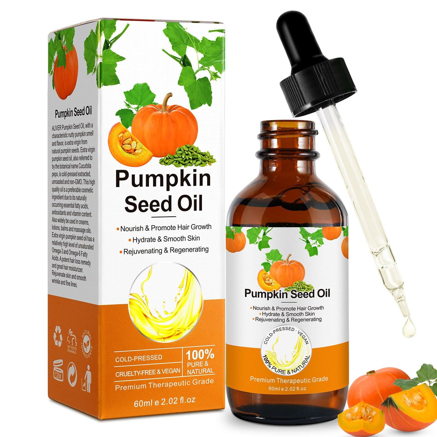 Pumpkin Seed Oil for Hair Growth, Organic Pure Pumpkin Essential Oil for Hair, Eyebrow Eyelash Growth, Skin Care, Scalp Massage (60ML)