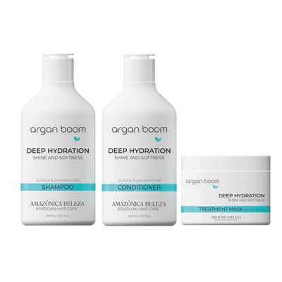 AMAZONICA BELEZA Argan Oil Hair Shampoo, Conditioner and Mask for Intense Moisturizing, Hydrate Repair Kit for Dry Hair, Kit Hidratante con Oleo de Argan y Vitamina E, (10 Ozeach)