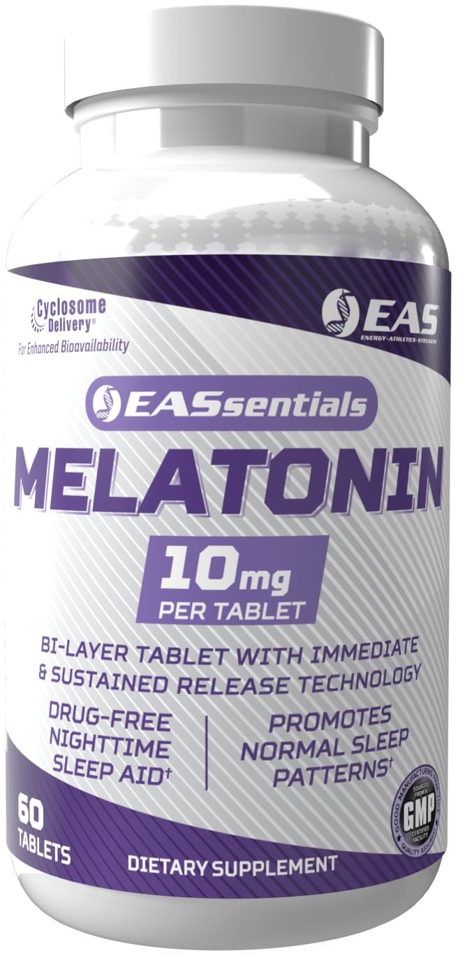 EAS Melatonin 10mg Drug-Free Nighttime Sleep Aid Immediate Sustained Release Technology Better Absorption with Cyclosome Delivery 60 Tablets