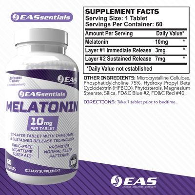 EAS Melatonin 10mg Drug-Free Nighttime Sleep Aid Immediate Sustained Release Technology Better Absorption with Cyclosome Delivery 60 Tablets