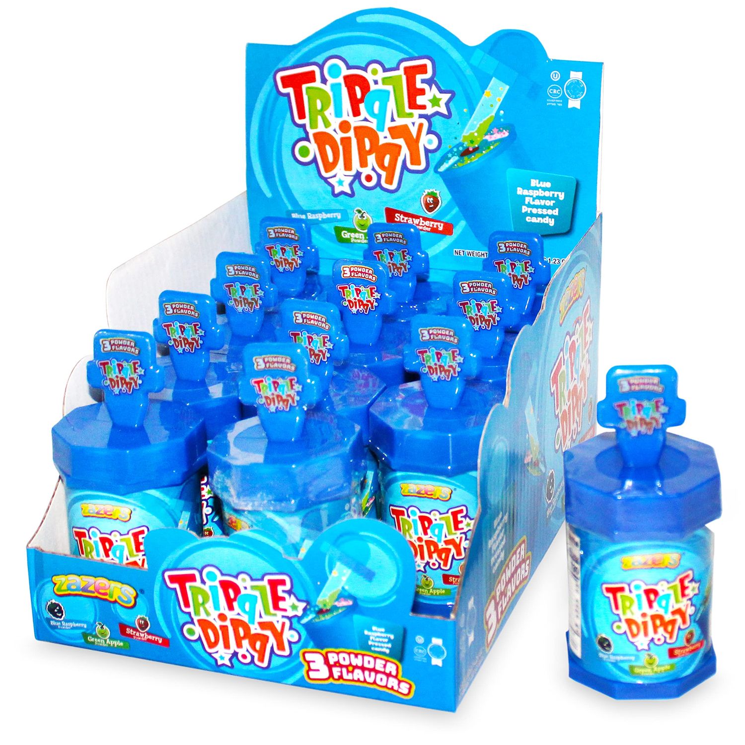 Lollipop and Sour Powder Candy, 12 Pack of Zazers Triple Dippy Candy, Blue Raspberry Pop with 3 Sour Powder (Kosher, NET WT 14.76 OZ.)