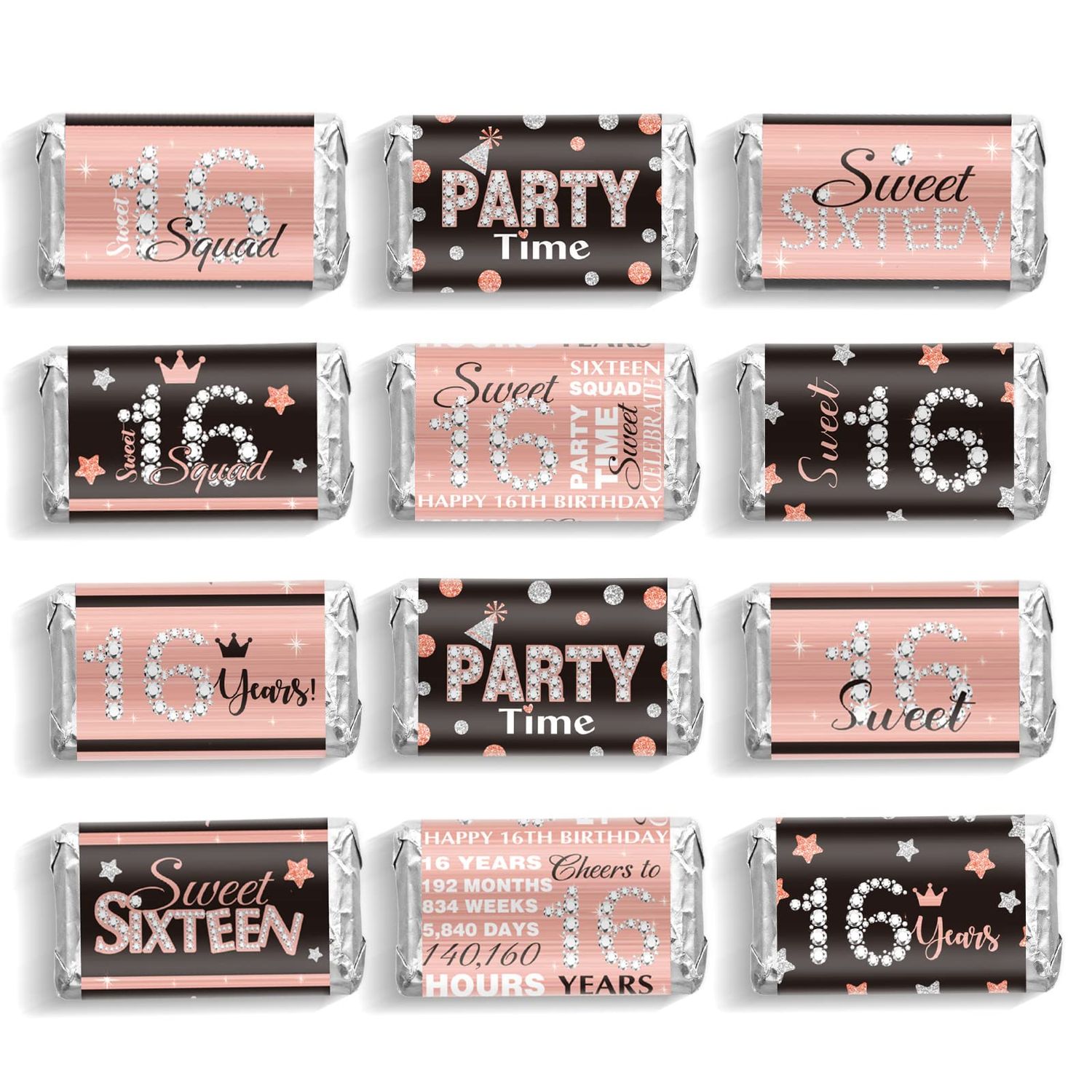 Zonon 180 Pcs 16th Birthday Candy Bar Wrappers Party Favors Chocolate Wrapper Stickers Pink and Black Mini Candy Labels for Girls Birthday Guest Favors Decorations