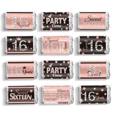 Zonon 180 Pcs 16th Birthday Candy Bar Wrappers Party Favors Chocolate Wrapper Stickers Pink and Black Mini Candy Labels for Girls Birthday Guest Favors Decorations
