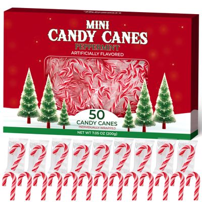 Mini Candy Cane Individually Wrapped 50 Pack - Small Peppermint Candy Canes Red White Christmas Candy For Holiday Gifts, Stocking Fillers, Party Favors Decorations
