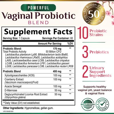 Vaginal Probiotics for Women pH Balance, Digestive, UT Feminine Health Support - 50 Billion CFU, 10 Probiotic Strains, Prebiotics, Cranberry - Supports Healthy Vaginal Odor Flora - 60 Capsules