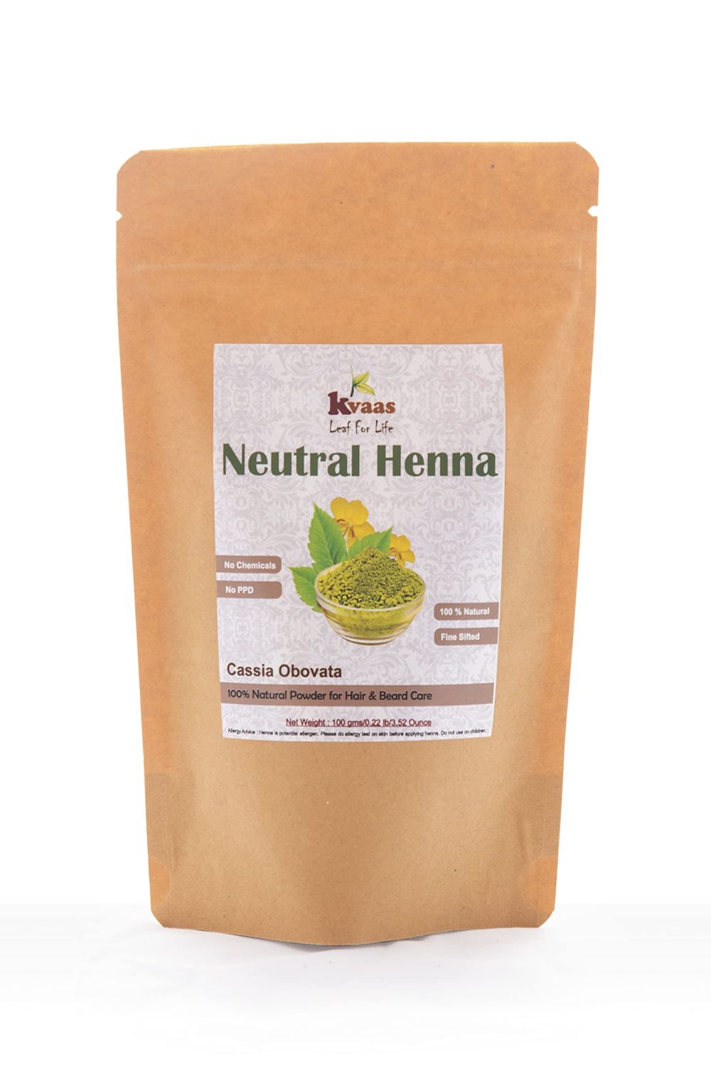 Neutral Henna Powder 3.52 Oz (100 g) Cassia Obovate Natural Pure Powder for Hair Color By KVAAS