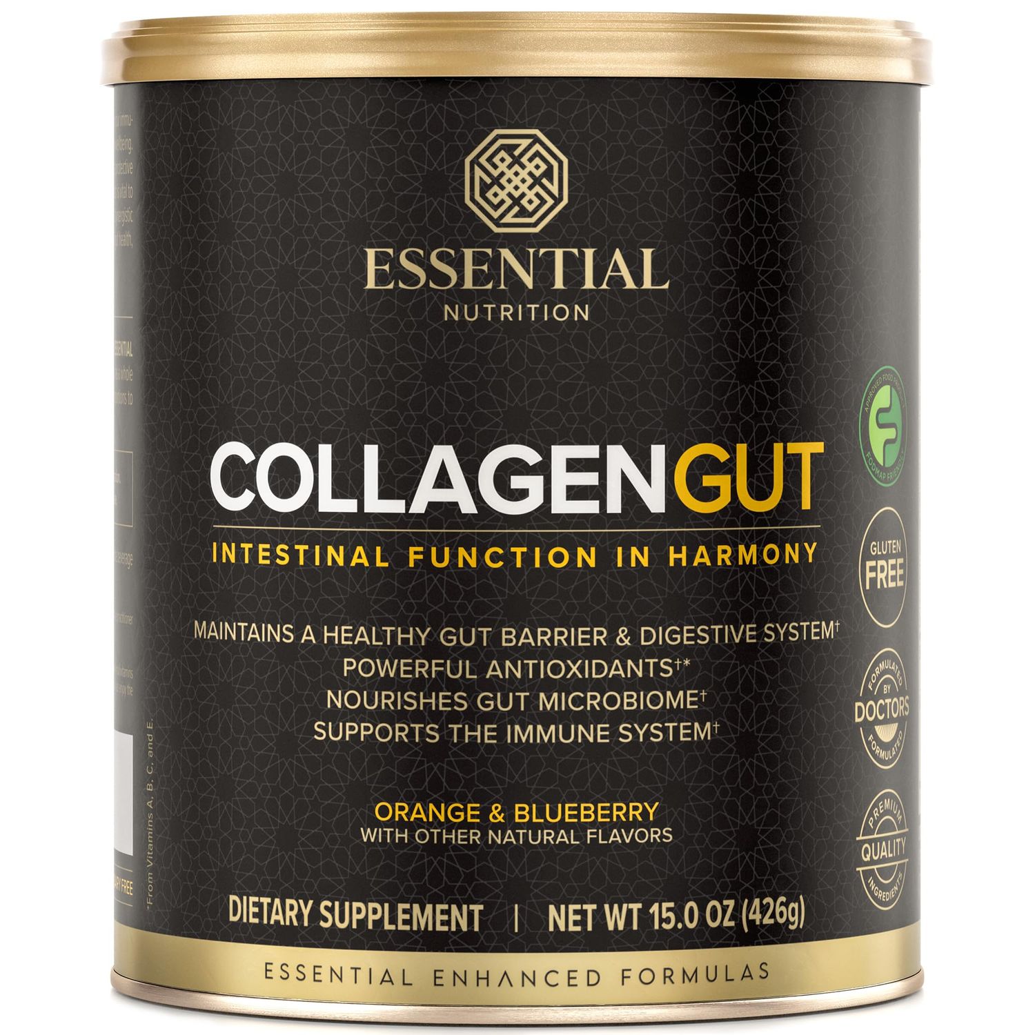 ESSENTIAL NUTRITION - Collagen Gut - Collagen Peptides Powder - Gut health supplement Immunity - Prebiotic Fiber, Turmeric Extract, FODMAP Friendly, Sugar-Free - Orange Blueberry- 15oz (20 Servings)