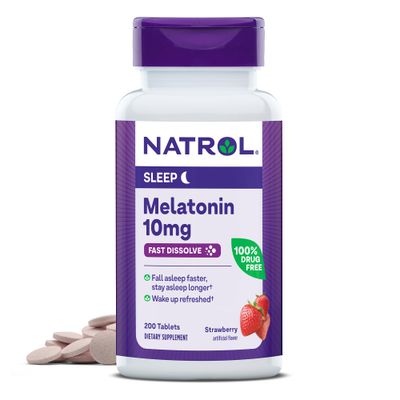 Natrol Fast Dissolve Melatonin 10 mg, Melatonin Supplements for Restful Sleep, Sleep Support for Adults, 200 Strawberry-Flavored Tablets, Up to a 200 Day Supply
