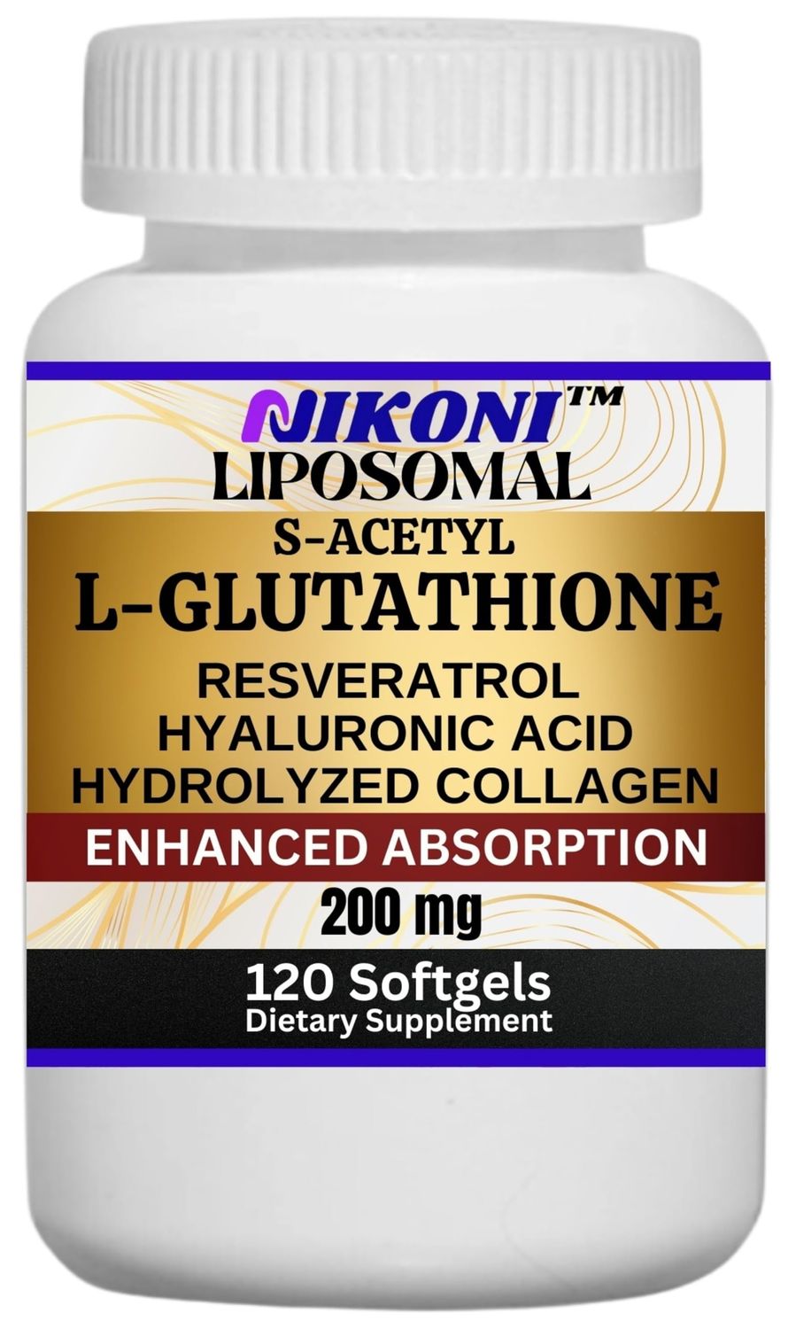 Nikoni Liposomal S-Acetyl L-Glutathione Resveratrol, Hyaluronic Acid Collagen 500 mg-120 Softgels