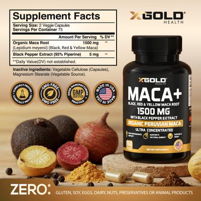 X Gold Health Organic Maca Root Powder Capsules 1500mg with Black Red Yellow Peruvian Maca Root Extract Gelatinized, Energy Mood Supplement for Men Women Black Pepper for Best Benefits