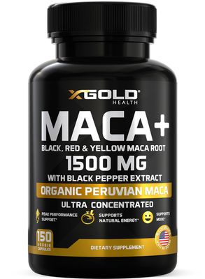 X Gold Health Organic Maca Root Powder Capsules 1500mg with Black Red Yellow Peruvian Maca Root Extract Gelatinized, Energy Mood Supplement for Men Women Black Pepper for Best Benefits