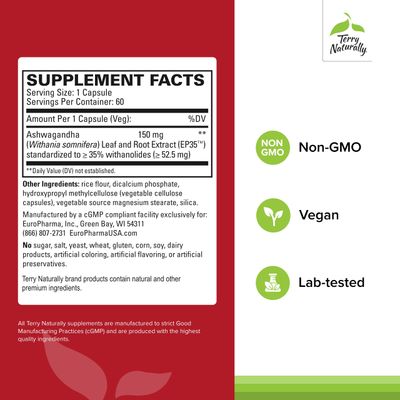 Terry Naturally Ashwagandha EP35 Extra Strength - Herbal Supplement for Sleep Support - Aid Healthy Stress Response - Endurance Energy Support - 60 Capsules (60 Servings)