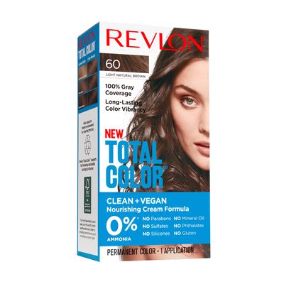 Revlon Permanent Hair Color, Permanent Hair Dye, Total Color with 100 Gray Coverage, Clean Vegan, 60 Light Natural Brown, 3.5 Oz