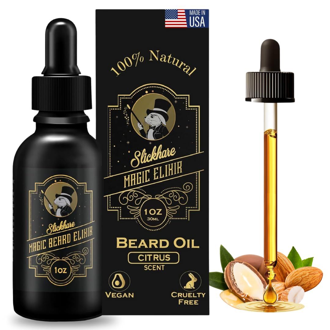 Slickhare Beard Oil for Men All Natural, Organic Beard Mustache Growth Oil For Mens 1 Fl oz Pack of 1, Made in USA Gifts for Men, Boyfriend Husband Citrus Scented Beard Softener for men