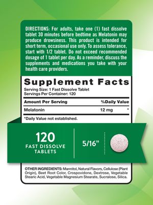 Nature's Truth Melatonin Tablets 12mg 120 Count Natural Berry Flavor Fast Dissolve Vegan, Non-GMO Gluten Free Supplement