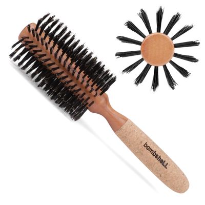 Bombshell Birchwood Cork covered Handle Round Hair brush with Boar Bristles, Ergonomic Boar Bristle for Blow Drying, Curling, and Styling 2.75&quot;