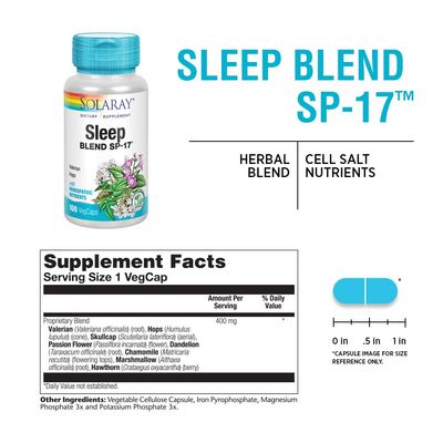 SOLARAY Sleep Blend SP-17 Herbal Blend wCell Salt Nutrients to Help Support Healthy Sleep Relaxation Non-GMO, Vegan 100 VegCaps