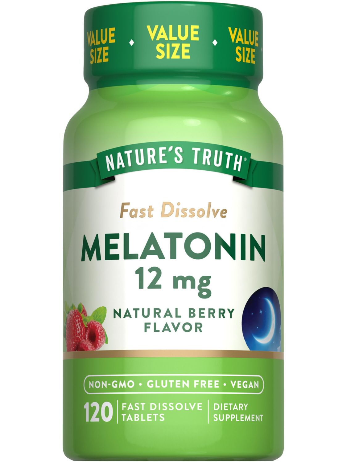 Nature&#39;s Truth Melatonin Tablets 12mg 120 Count Natural Berry Flavor Fast Dissolve Vegan, Non-GMO Gluten Free Supplement