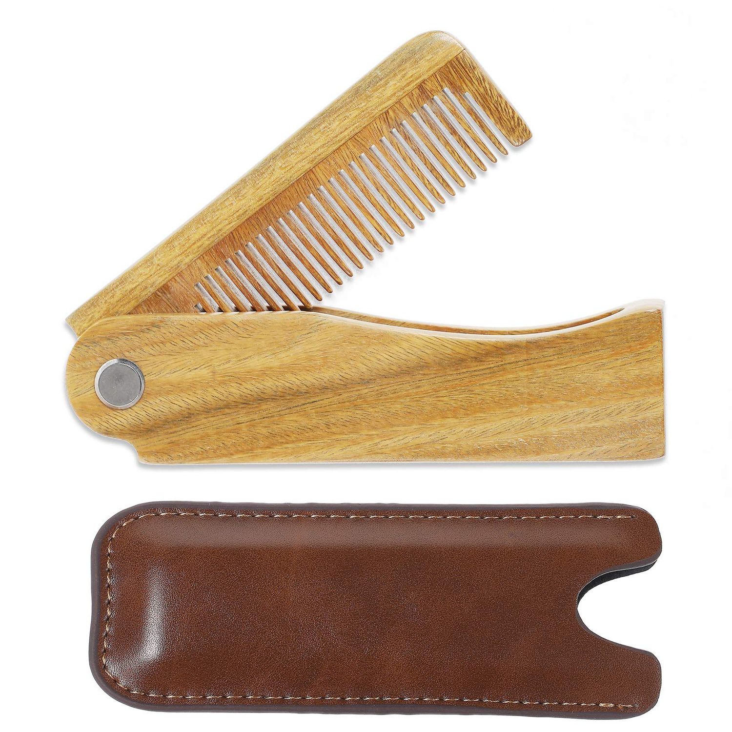 Onedor Handmade 100 Natural Green Sandalwood Fine Tooth Wooden Comb for Men Hair, Beard, and Mustache Styling Pocket Comb With Leather Case (Folding)