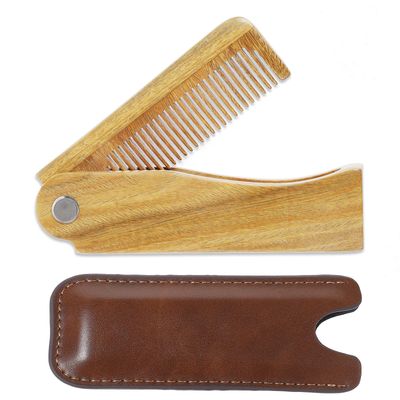 Onedor Handmade 100 Natural Green Sandalwood Fine Tooth Wooden Comb for Men Hair, Beard, and Mustache Styling Pocket Comb With Leather Case (Folding)