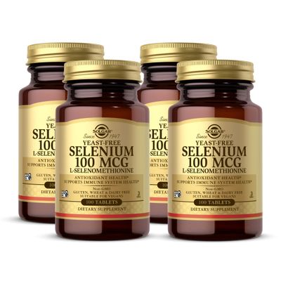 Solgar Yeast-Free Selenium 100 mcg - 100 Tablets, Pack of 4 - Supports Antioxidant Immune System Health - Non-GMO, Gluten Free, Dairy Free, Kosher - 400 Total Servings