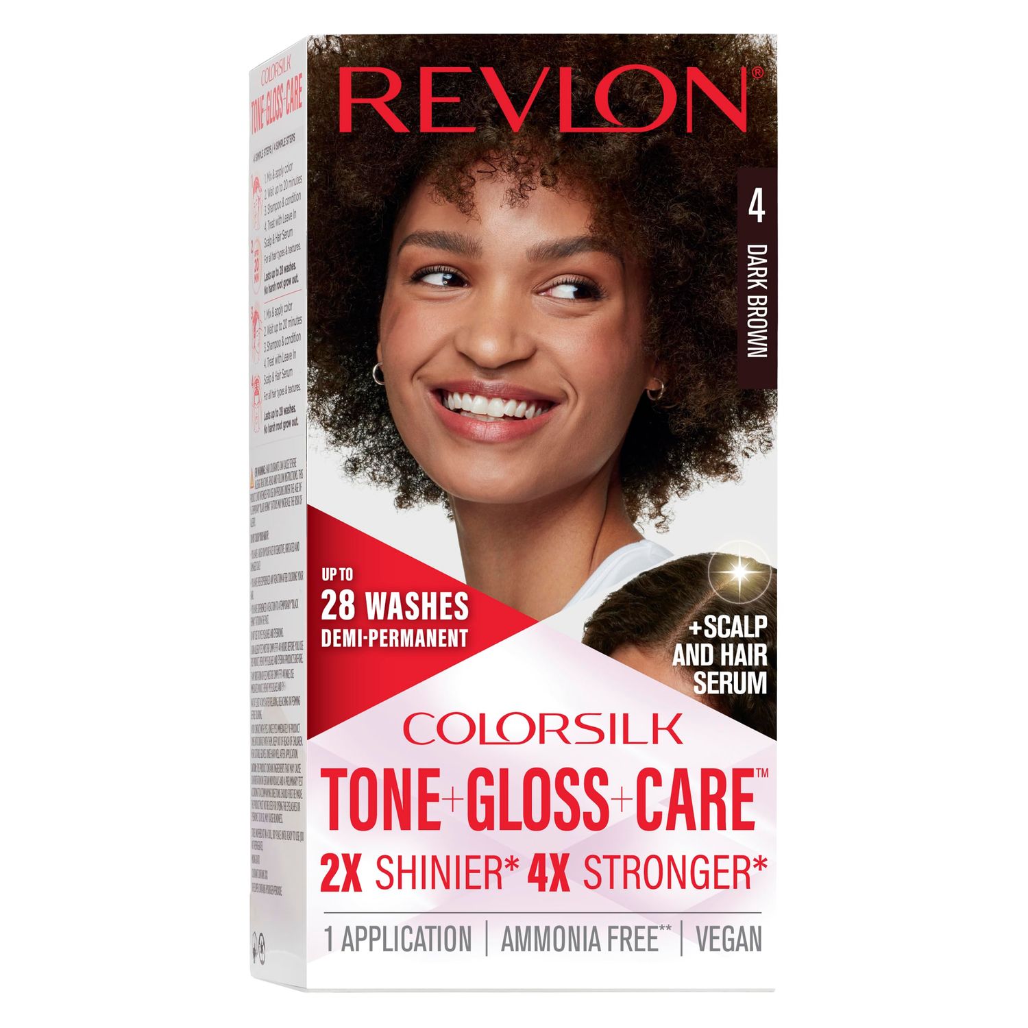 Revlon ColorSilk Tone Gloss Care Demi Permanent Hair Color, Dye Kit with Leave-In Scalp and Haircare Serum, 2x Shinier, 4x Stronger, 4 Dark Brown, 4.5 fl oz