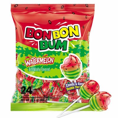 Bon Bon Bum - Fruity Lollipop with Bubble Gum center - Perfect for Parties and Sharing (24 Pieces, Sandia (Watermelon))
