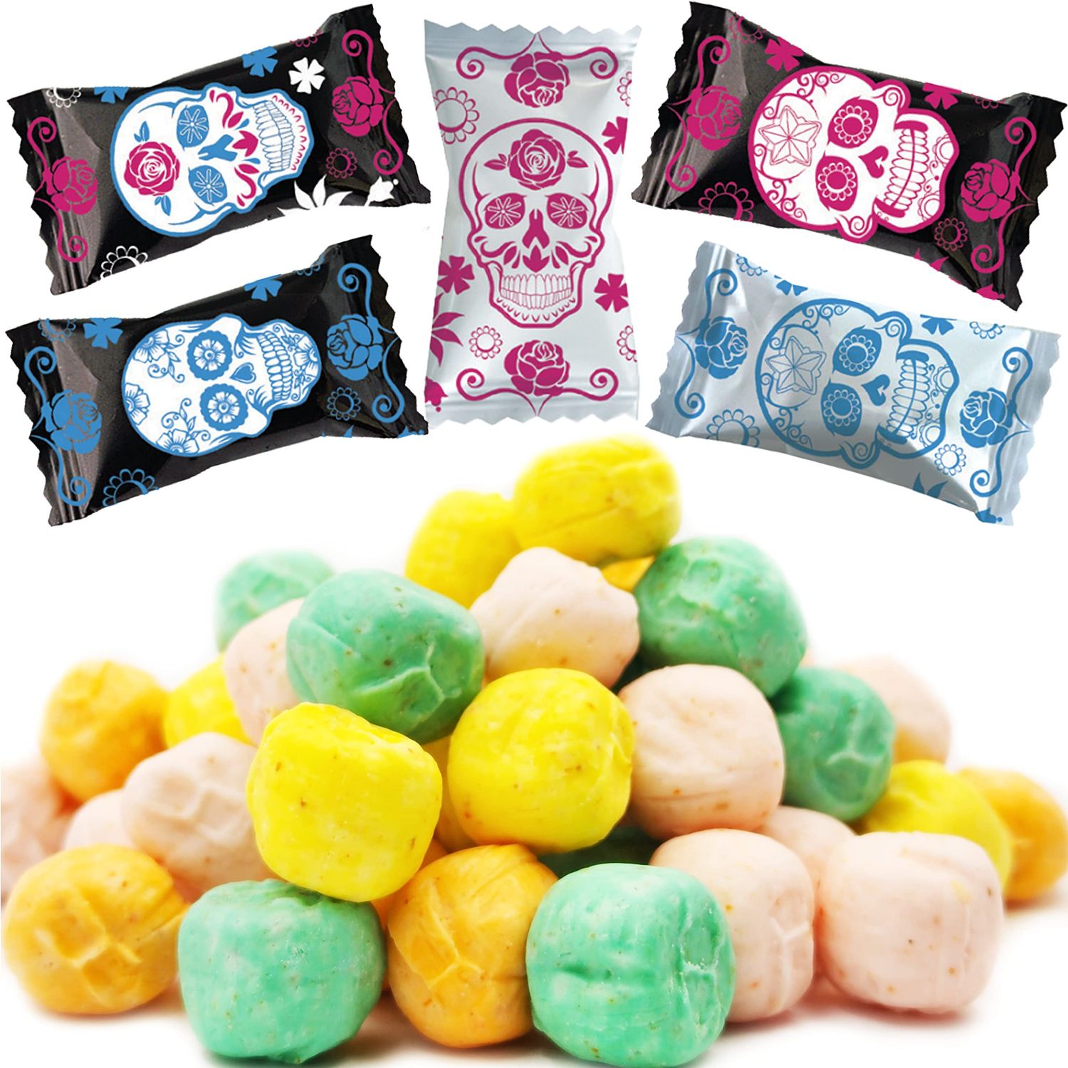 Fruidles Day of the Dead Skull Buttermints, Multicolor Sweet Heat Candies, Soft Candy With Heat and A Touch Of Sour, Fat-Free, Individually Wrapped (55 Pieces)