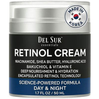 DEL SUR Retinol Cream for Face 50ml - Anti-Aging Night Moisturizer with Hyaluronic Acid, Bakuchiol Niacinamide - Korean Retinol Cream for Wrinkles, Fine Lines Dark Spots 50ml