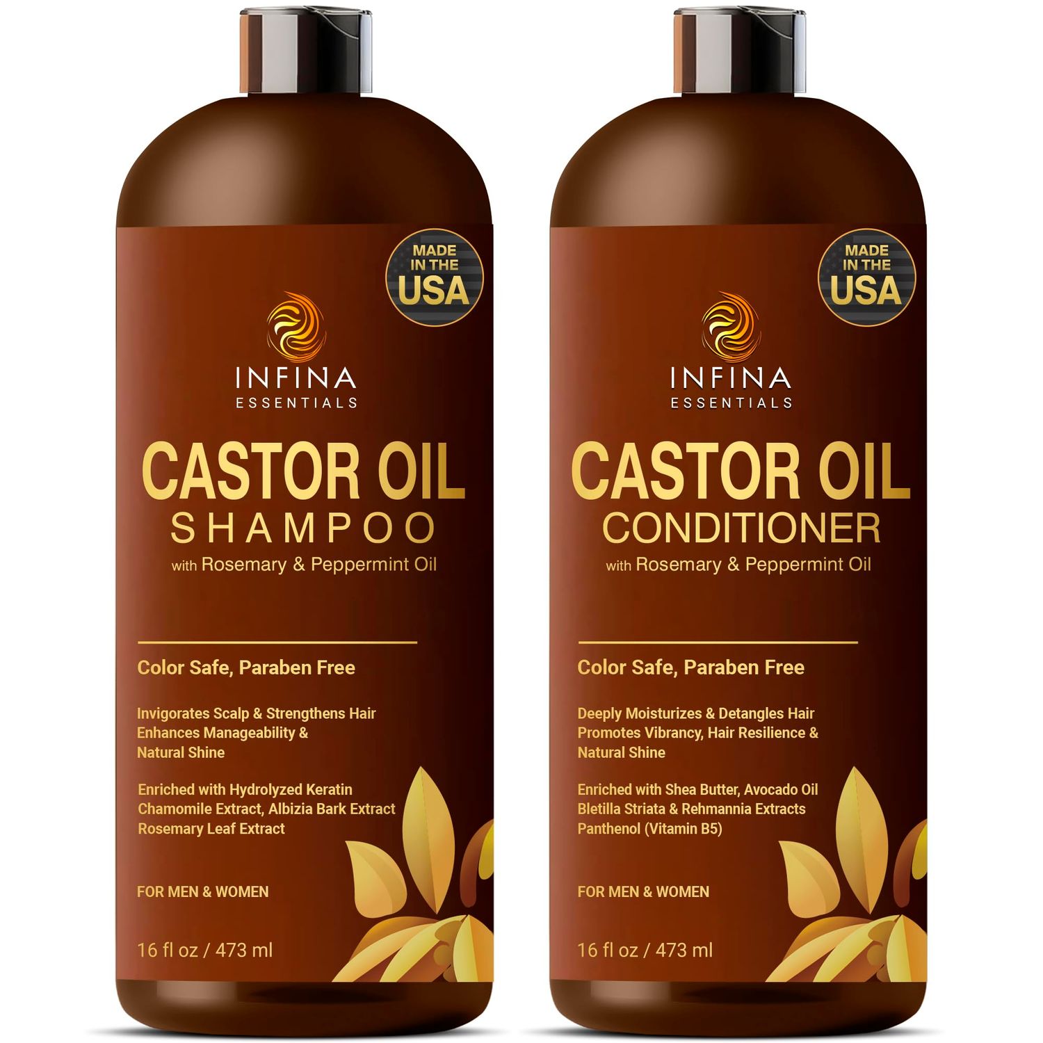 Castor Oil Shampoo and Conditioner Set for Hair Growth with Rosemary Peppermint Oil - Cleanse Hair, Strengthen Shine with Castor Shampoo and Conditioner - Anti-Hair Loss for Men Women - 16 fl oz