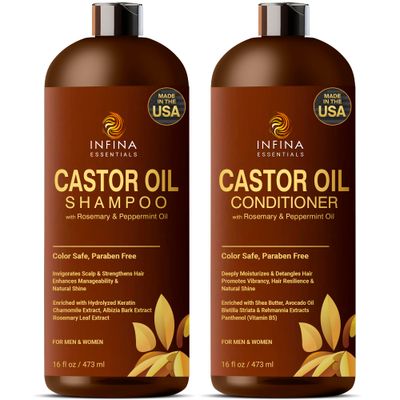 Castor Oil Shampoo and Conditioner Set for Hair Growth with Rosemary Peppermint Oil - Cleanse Hair, Strengthen Shine with Castor Shampoo and Conditioner - Anti-Hair Loss for Men Women - 16 fl oz