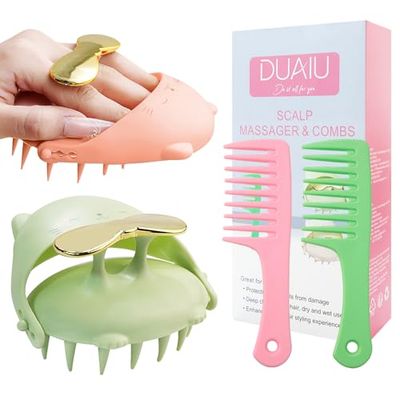 DUAIU 2 Pcs Mini Wide Tooth Comb and 2 Pcs Scalp Massager Hair Growth for Women Men, Soft Silicone Bristles Shampoo Brush, Travel Detangling Comb and Scalp Scrubber for Curly Long Wet Dry Styling Hair