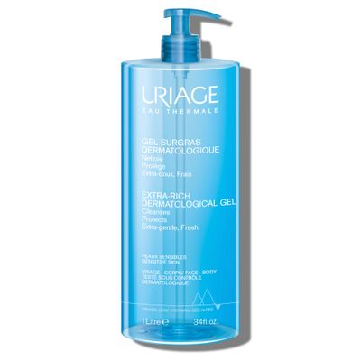 URIAGE Extra-Rich Dermatological Gel Face Body Wash for Sensitive Skin Preserves the Hydrolipidic Film of the Skin, Paraben Soap-Free, 1 L 33.8 oz
