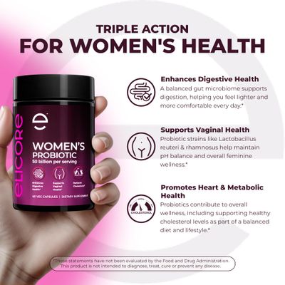 ELICORE Probiotics for Women 50 Billion CFU - Lactobacillus for Digestive Vaginal Health - Non-GMO, Gluten-Free Blend with MAKTREK Bi-Pass Technology - Vaginal Probiotics - 60 Veg Capsules