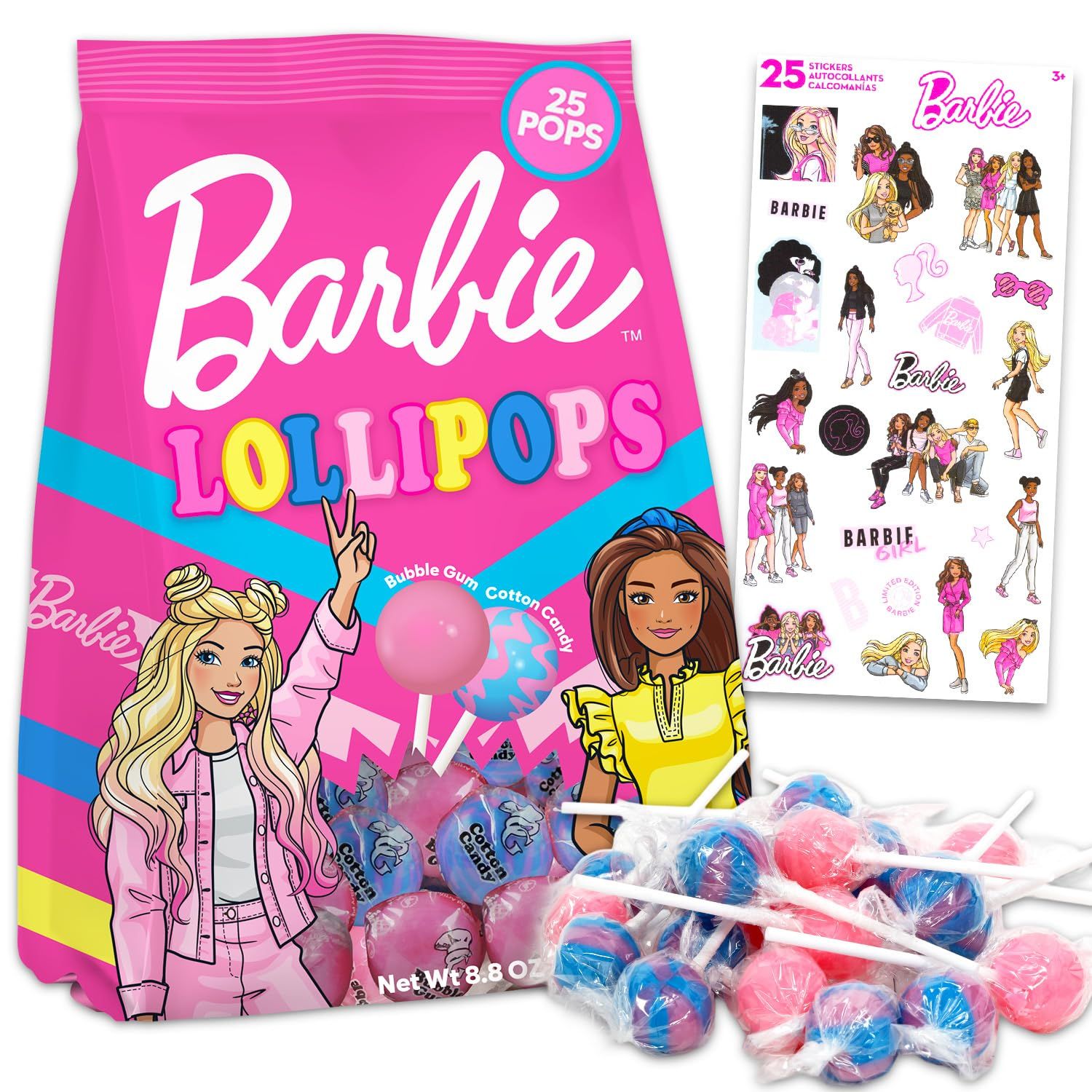 25 Barbie Lollipops Individually Wrapped Party Favor Bag - Barbie Hard Candy Suckers 25 Pack for Kids, Girls Birthdays Sweets Treats, Pinata, Stickers - Assorted Pop Flavors