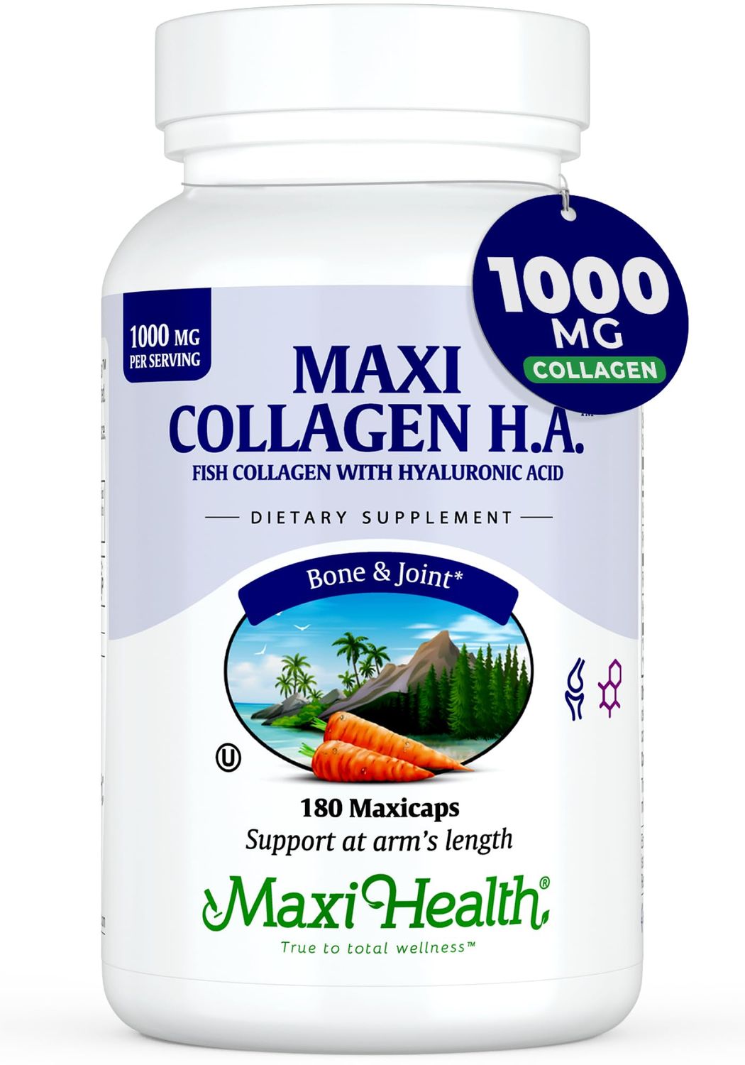 Maxi Health Collagen with Hyaluronic Acid Capsules - 1.5X More Efficient Absorption - Kosher Type I Hydrolyzed Marine Collagen Capsules Hyaluronic Acid Supplements for Hair, Skin, 180 Count