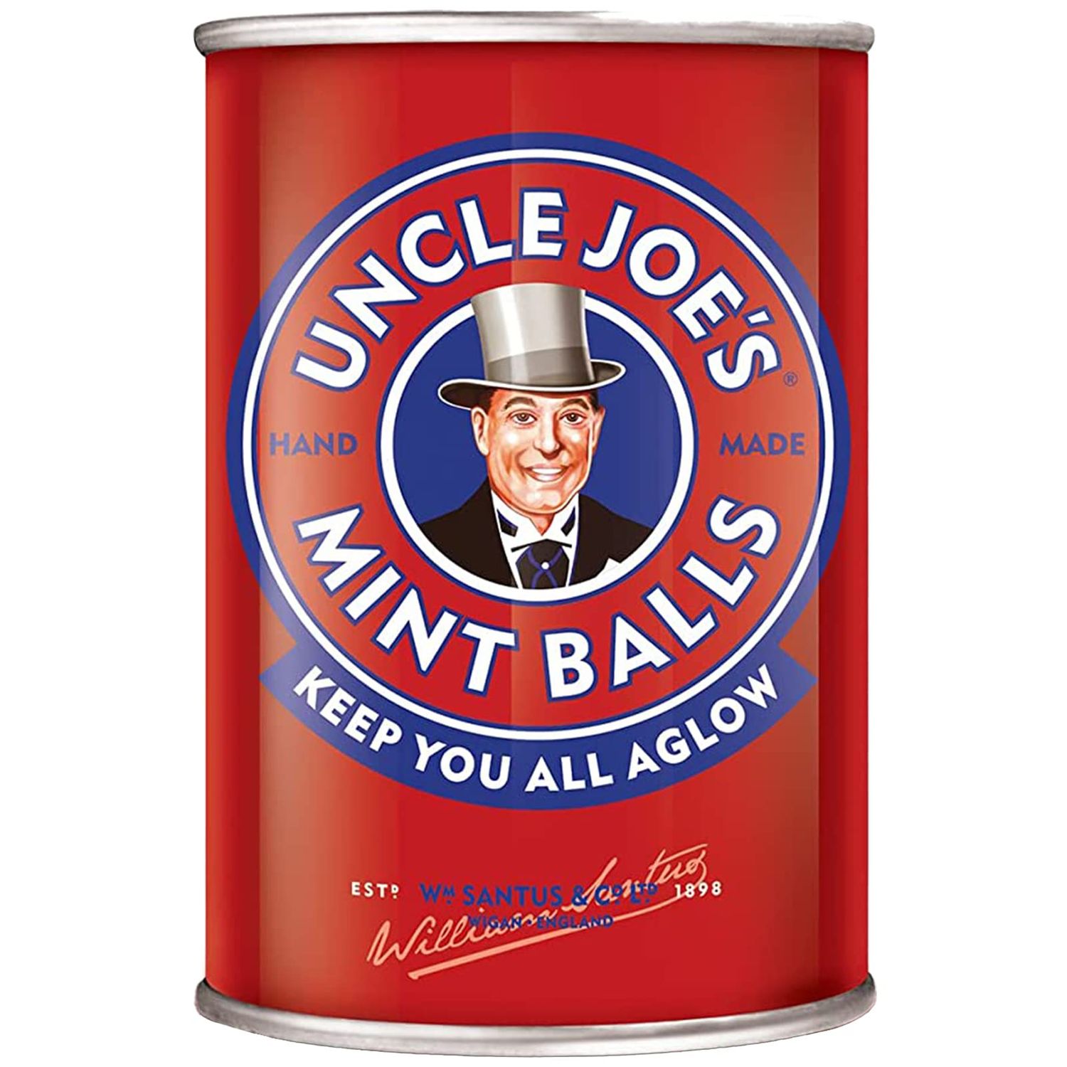Uncle Joe&#39;s Mint Balls British Hard Candy Tin Gluten Free, Vegan Natural Hand Cooked on Open Fires Individually Wrapped UK Imported Gift Pack 4.23 Oz (120 g)