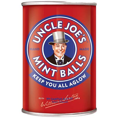 Uncle Joe&#39;s Mint Balls British Hard Candy Tin Gluten Free, Vegan Natural Hand Cooked on Open Fires Individually Wrapped UK Imported Gift Pack 4.23 Oz (120 g)