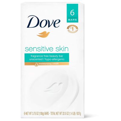 Dove Bath Bars, Sensitive Skin, Unscented 6-4 oz (113 g) bars 24 oz (1.5 lb) 678 g (Packaging may vary)
