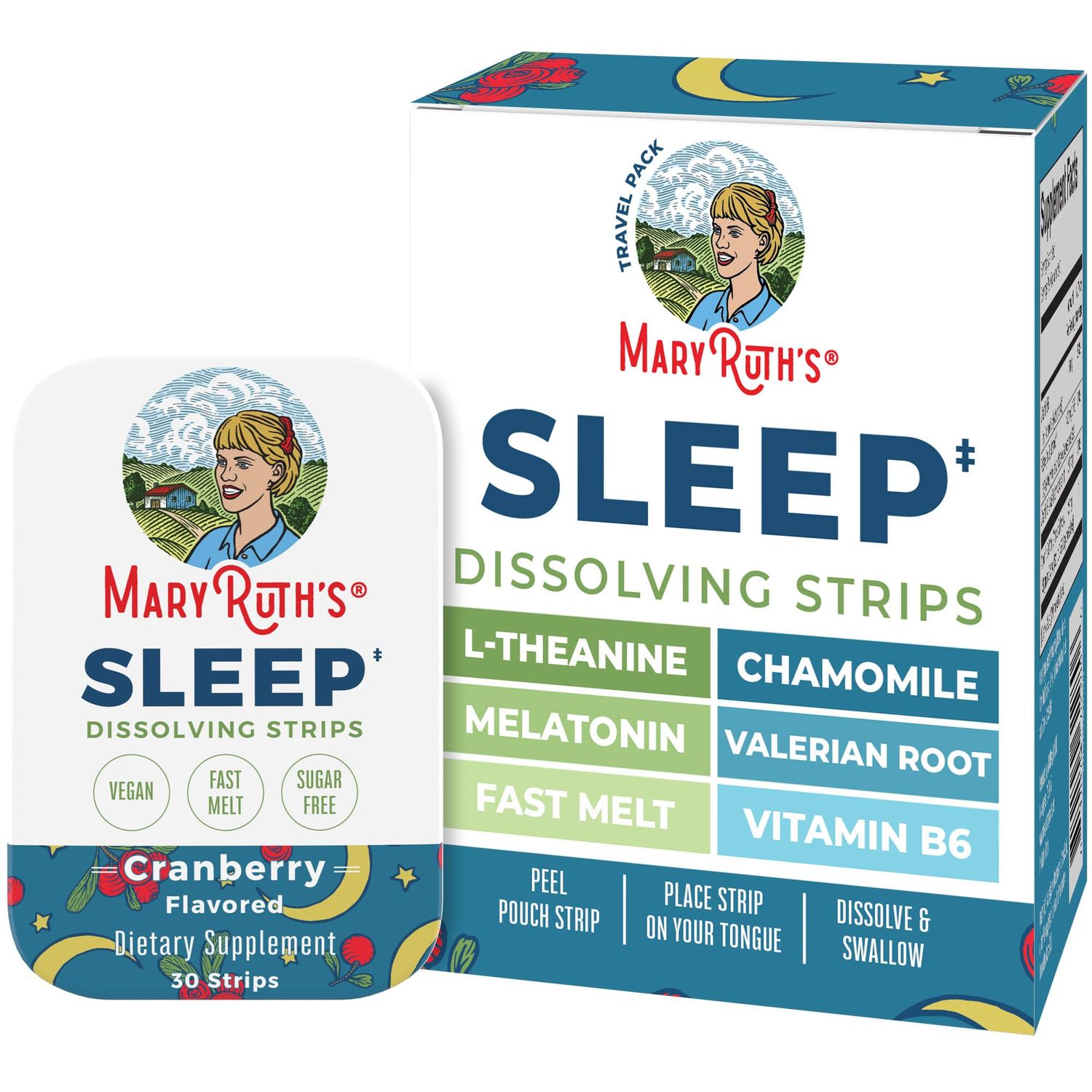 Sleep Dissolving Strips by MaryRuth&#39;s L Theanine Chamomile Flower Melatonin 5mg Valerian Root Vitamin B6 Sugar Free Cranberry Flavor Vegan Gluten Free Dairy Free 30 Count