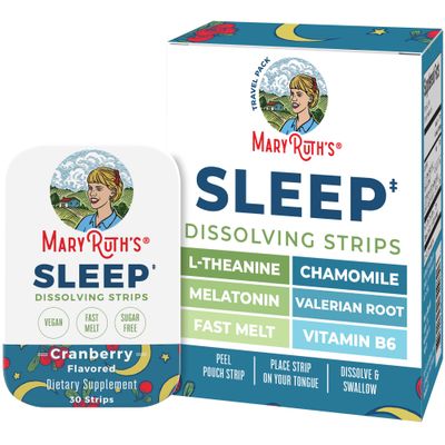 Sleep Dissolving Strips by MaryRuth&#39;s L Theanine Chamomile Flower Melatonin 5mg Valerian Root Vitamin B6 Sugar Free Cranberry Flavor Vegan Gluten Free Dairy Free 30 Count