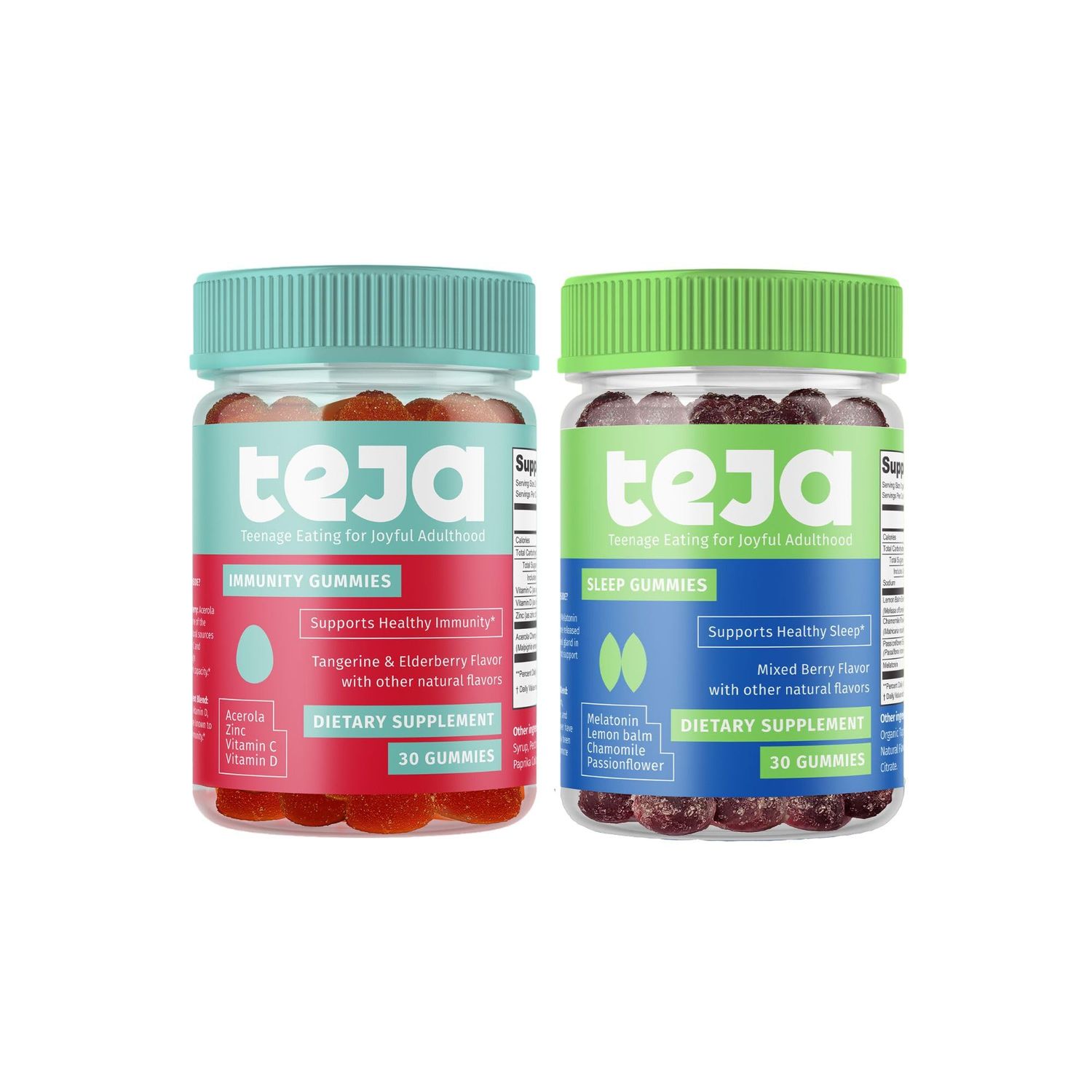TEJA Immunity and Sleep Support Variety Pack Gummy Vitamins for Teens and Adults, Daily Immune Support, Melatonin Chewable, Vitamins C, D, Zinc, Low Sugar, Teen Health, 30 Gummies (2 Pack)