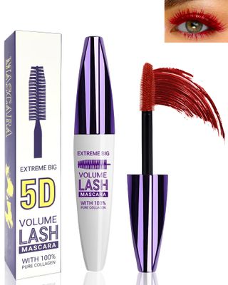 5D Red Mascara for Eyelashes-1Pcs Longlasting Waterproof Smudge-Proof Colored Mascara Volume and Length, Volumizing Curling Defining Eye Lashes rimel de pestaas, Cosplay Party Eye Makeup for Women