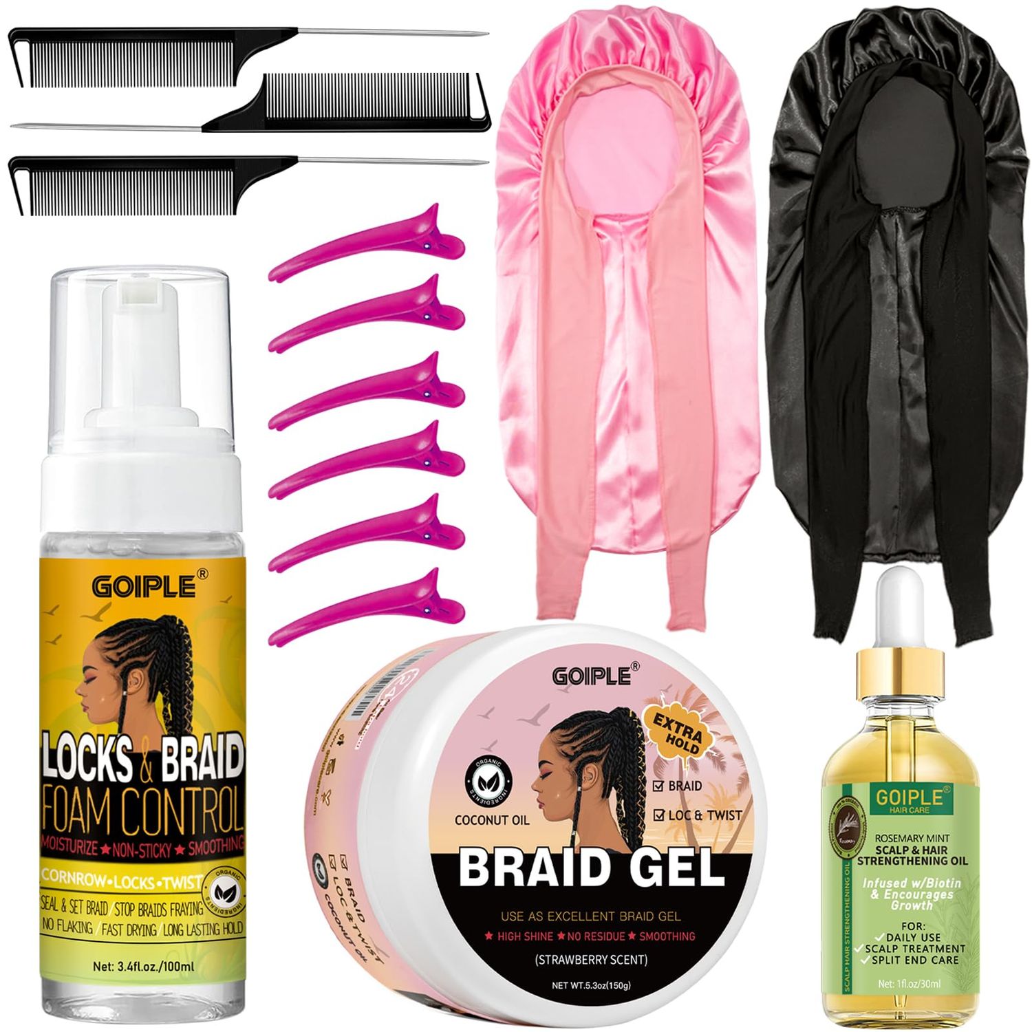 Extra Hold Braiding Kit - Smoothing Gel for Twists, Locs, Braids, Cornrows, High Shine Long Lasting Braid Mousse Foam, and Bonnet Tool
