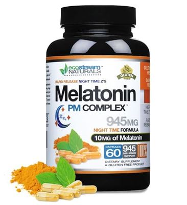 ecostream Naturals Night Time Melatonin PM Complex 10mg - Rapid Release - Plus Magnesium - Gluten Free