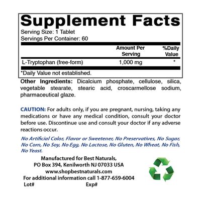 Best Naturals L-Tryptophan 1000 mg 60 Tablets